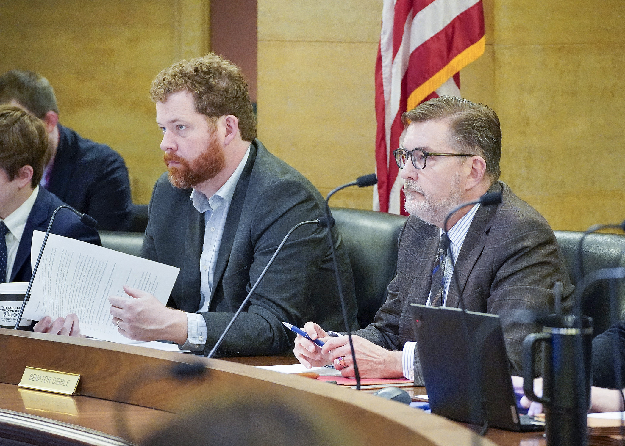 Rep. Zack Stephenson and Sen. D. Scott Dibble listen to public testimony during the May 16  Cannabis Policy Conference Committee. (Photo by Andrew VonBank)